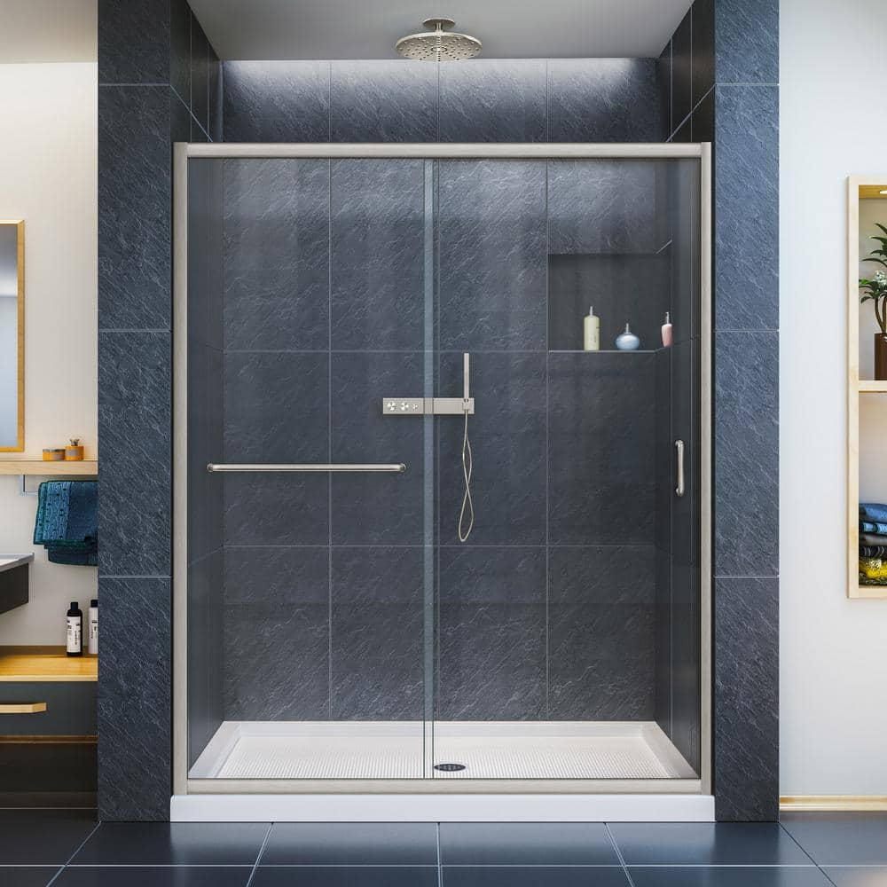 DreamLine Infinity-Z 30 in. x 60 in. Semi-Frameless Sliding Shower Door in Brushed Nickel with Center Drain White Acrylic Base