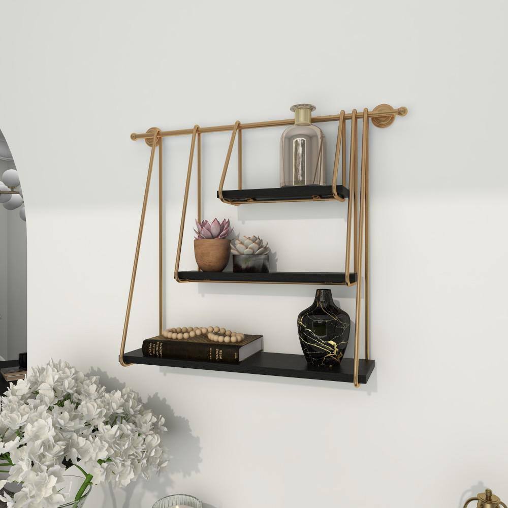 Black and Gold 26" Floating Wood Wall Shelf