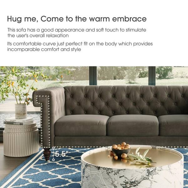 82 75 In W Square Arm Velvet Modern Tufted Straight Sofa Brown With Nailhead Decoration 23f5410sxln 82 75 In W Square Arm Velvet Modern, Are Tufted Sofas Comfortable