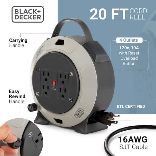 Black+decker Retractable Extension Cord, 20 ft, with 4 Outlets, 16AWG SJT Cable