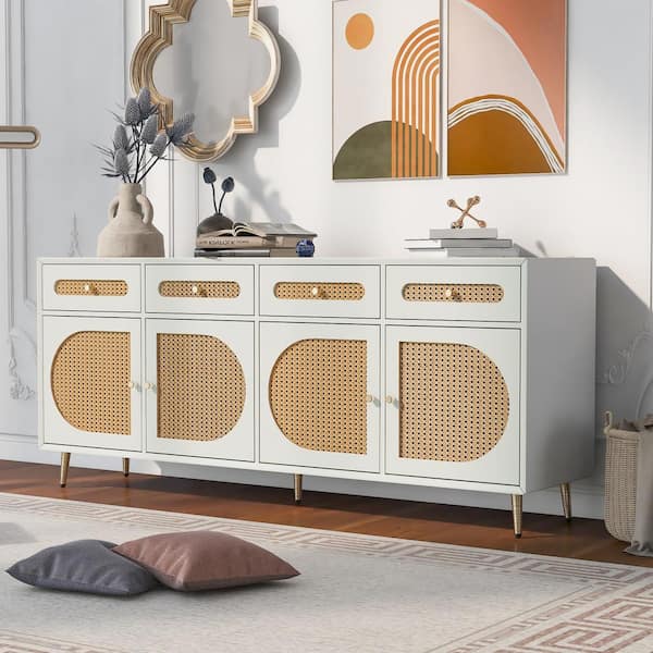 Harper & Bright Designs White Wood 64.5 in. W Sideboard with Rattan Doors, 4 Drawers and Adjustable Shelves