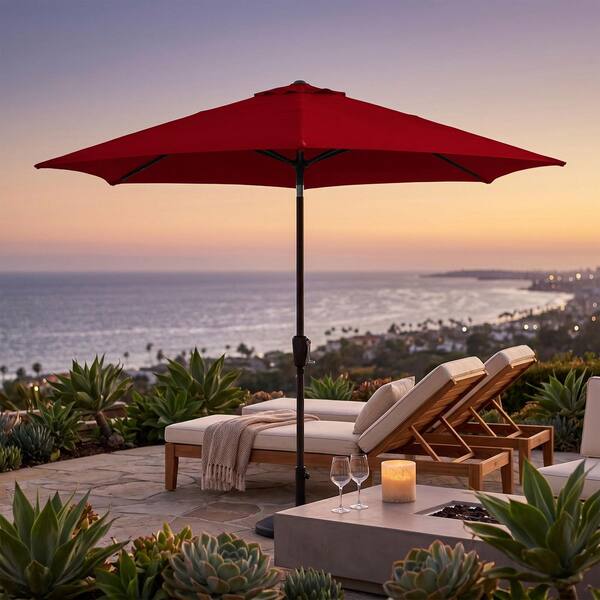 9 foot red patio umbrella with black pole 9 ft. Aluminum Pole Black Patio Umbrella, Push Button Tilt and Crank Lift, Solstice Olefin Fabric in Red