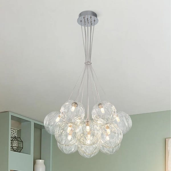 13-Light Chrome Modern Bubble Globe Chandelier Pendant Ceiling Light Fixture for Bedroom With Clear Petal Glass Shade