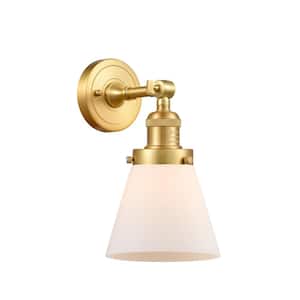 Cone 6.25 in. 1-Light Satin Gold Wall Sconce with Matte White Glass Shade