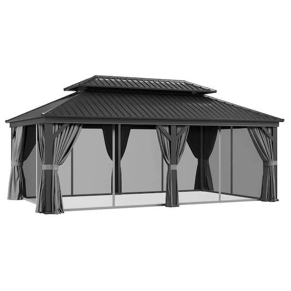 Modern 12 ft. x 20 ft. Double Roof Galvanized Steel Patio Gazebo with Netting and Curtains in Gray