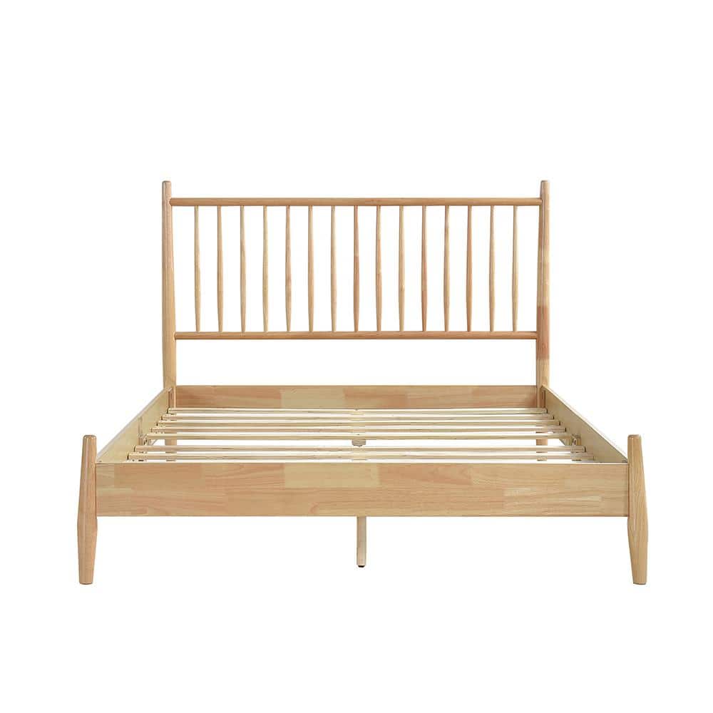 Natural Wood Full Platform Bed with Upholstered Headboard