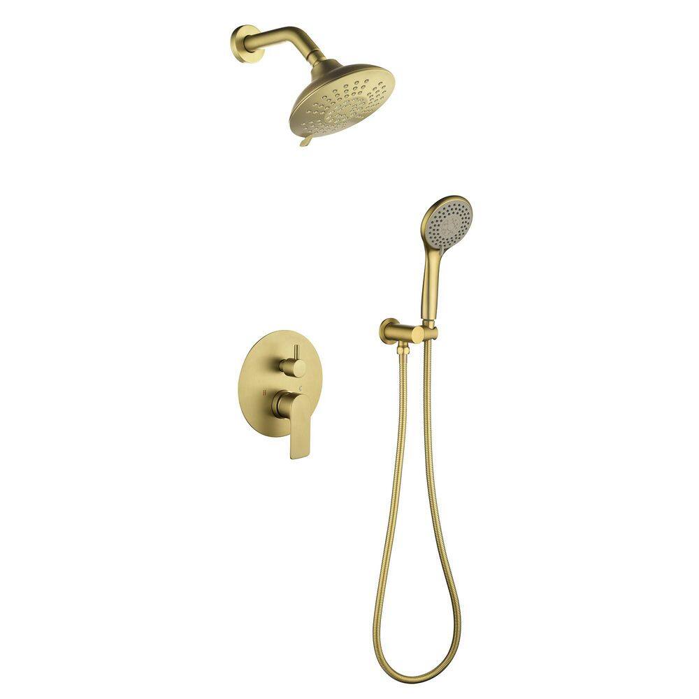 2-Spray Patterns 6 in. Wall Mount Dual Shower Heads Shower System with 3-Setting Hand Shower in Brushed Gold price history on PriceWatchPro