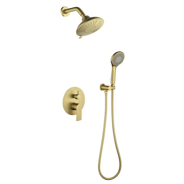 2-Spray Patterns 6 in. Wall Mount Dual Shower Heads Shower System with 3-Setting Hand Shower in Brushed Gold