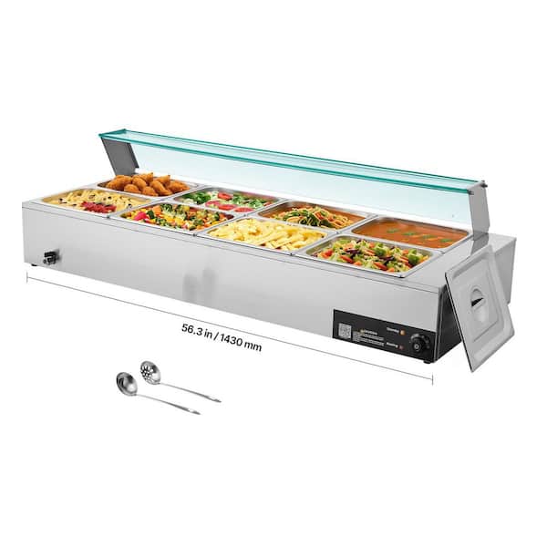 Commercial Food Warmer, 1700W Electric Stainless Steel Steam Food Warmer Glass Cover, 8-Pan Countertop Buffet Bain Marie
