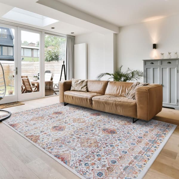 Tanis Ivory 5 ft. x 7 ft. Crystal Print Polyester Digitally Printed Area Rug