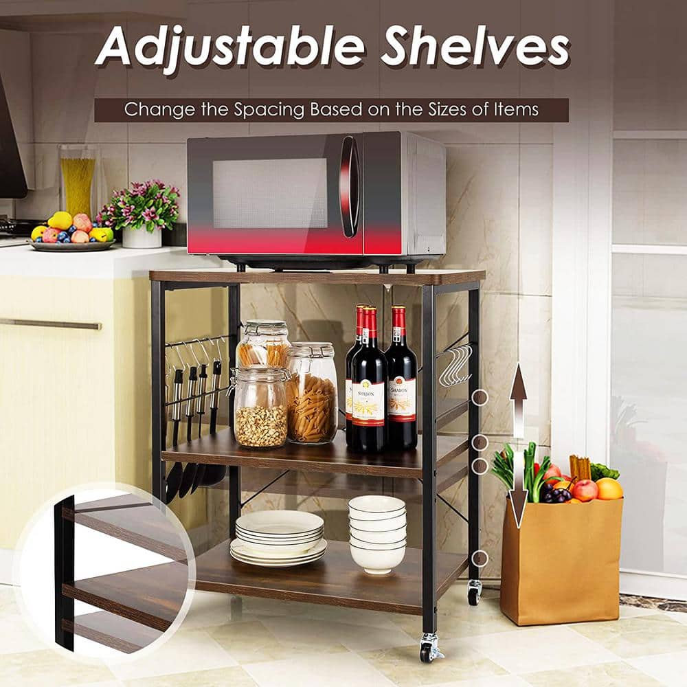 3-Tier Brown Wood Kitchen Cart with 10-Hooks - thumbnail 5