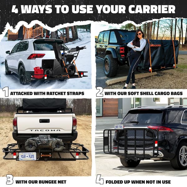 Mockins - 500 lb. Capacity Hitch Mount Cargo Carrier Basket with 16 cu. ft. Cargo Bag, Straps, Net, Folding Shank and 2 in. Raise