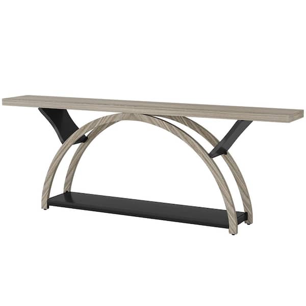 BYBLIGHT Terrella 70.86 in. Gray Black Narrow Rectangle Wood Console Table Rustic Sofa Table with Half Moon Frame for Hallway