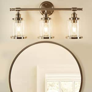 23.5 in. 3-Light Brushed Nickel Vanity Light with Clear Glass Shades and Bathroom Hardware Set (5-Piece)