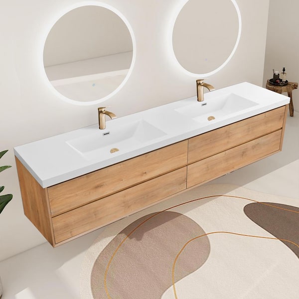 Aeroline 84 in. W x 19.29 in. D x 25.59 in. H Double Sink Float Wood Bath Vanity with White Resin Integral Top Assembled