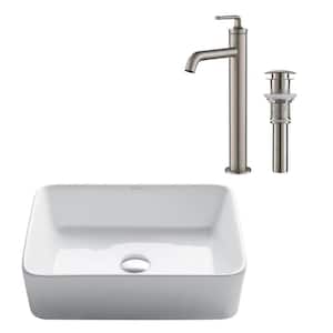 Elavo Vessel White Ceramic Bath Sink and Ramus Single Handle Bath Faucet with Pop-Up Drain in Stainless Steel