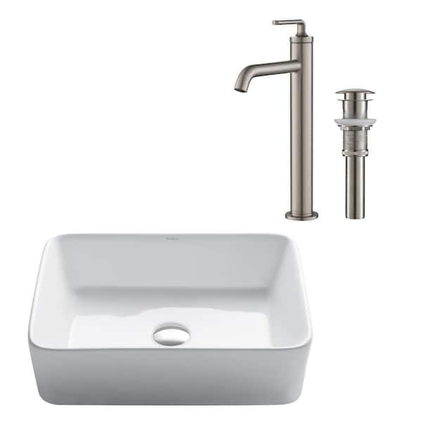 KRAUS Elavo Vessel White Ceramic Bath Sink and Ramus Single Handle Bath Faucet with Pop-Up Drain in Stainless Steel