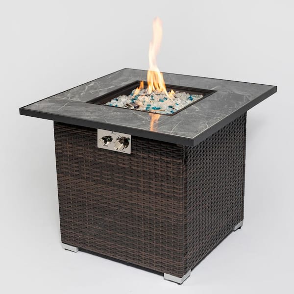 Tunearary Wicker Steel Outdoor Fire Pit Table with Lid, Glass Rocks, Waterproof Cover