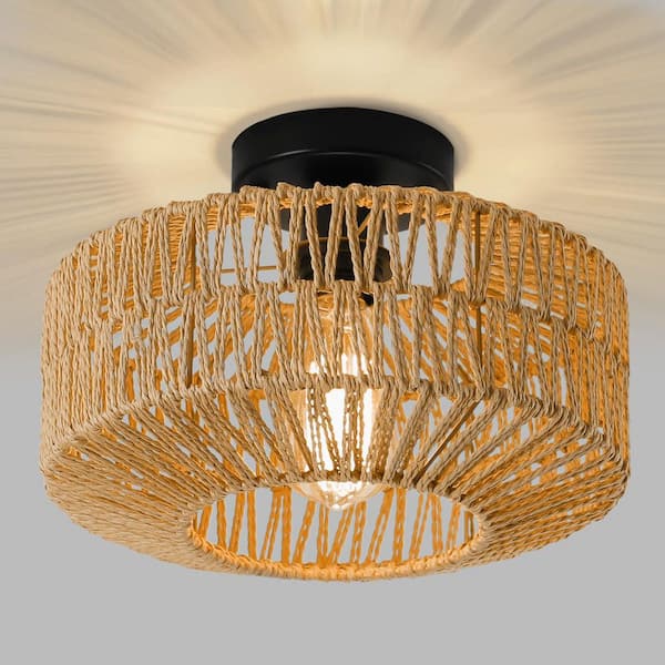 ZSMIHDOH 11.8 in. 1-Light Bohemian Natural Rattan Semi-Flush Mount Ceiling Light