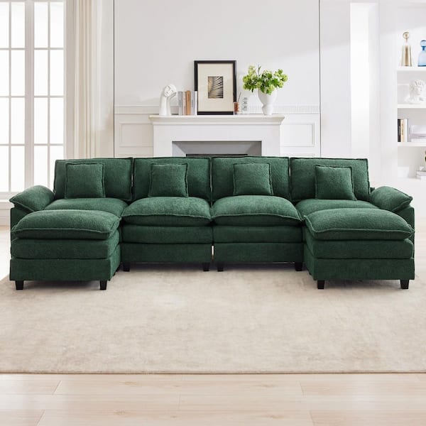 Avocado Green 136.6 in. Chenille Fabric 6-Seat Pillow Top Arm U-Shaped Sectional Sofa with 2-Ottomans for Living Room