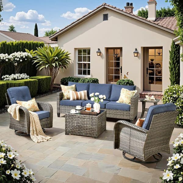 Aurora 5-Piece Wicker Patio Conversation Sofa Set with Swivel Rocking Chairs and Denim Blue Cushions