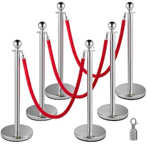 Crowd Control Stanchion 6-Pieces Silver Stanchions Posts Stainless Steel Stanchion Queue Post Red Rope Retractable