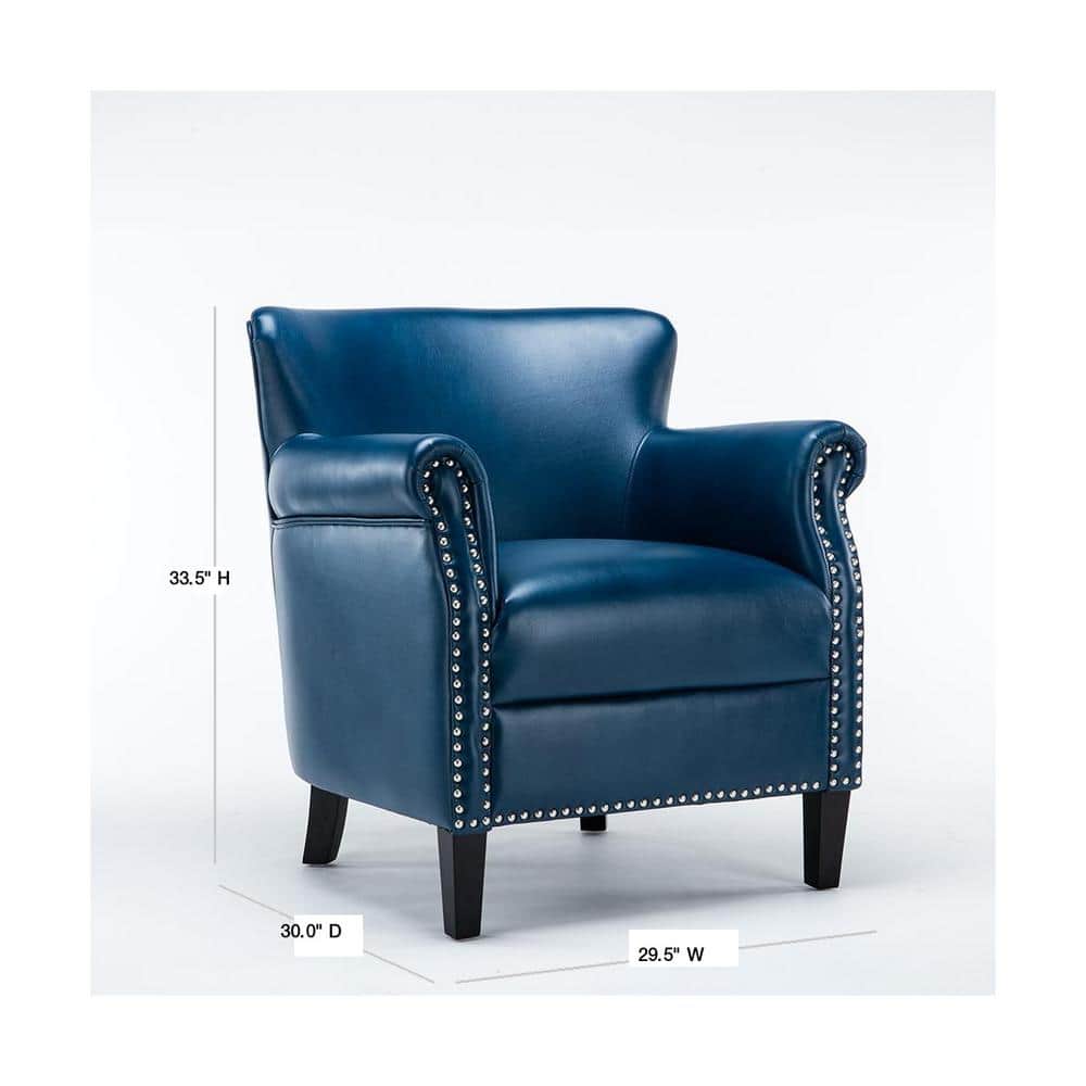 Navy Blue Leather Accent Chair with Wood Legs