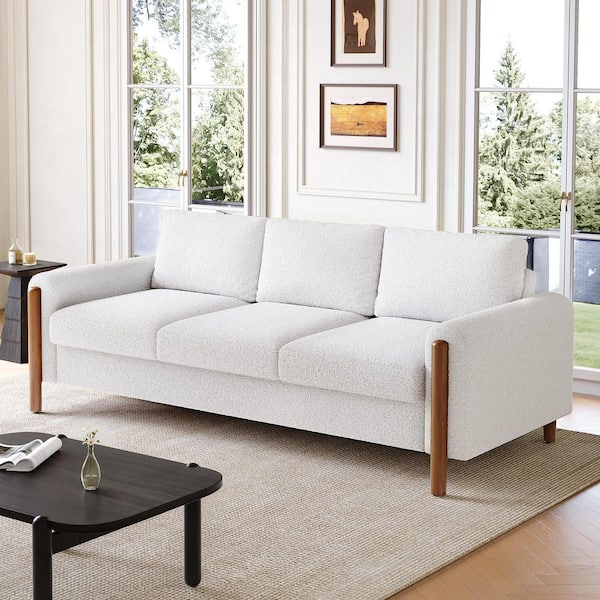 Zandrel Modern 83.86 in. Square Arm Teddy Fabric Upholstered Rectangle 3-Seater Sofa in Cream White with Solid Wood Leg