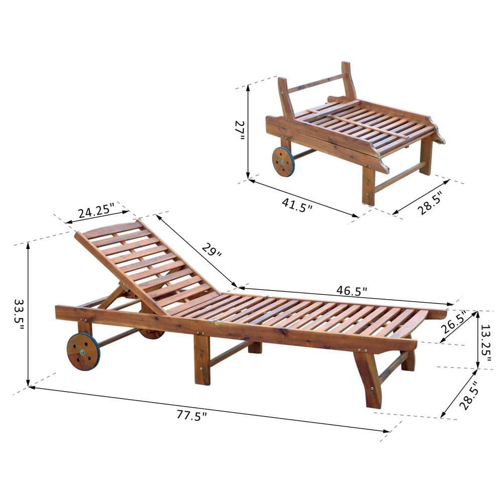 Teak Acacia Wood Outdoor Folding Chaise Lounge with Wheels