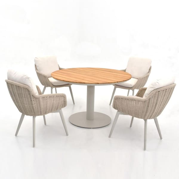 Salerno Beige 5-Piece Wicker Outdoor Dining Set with Beige Cushion