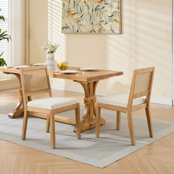 Donovan Beige Linen Upholstered Dining Chairs with Rattan Back, Solid Wood Legs, Set of 2