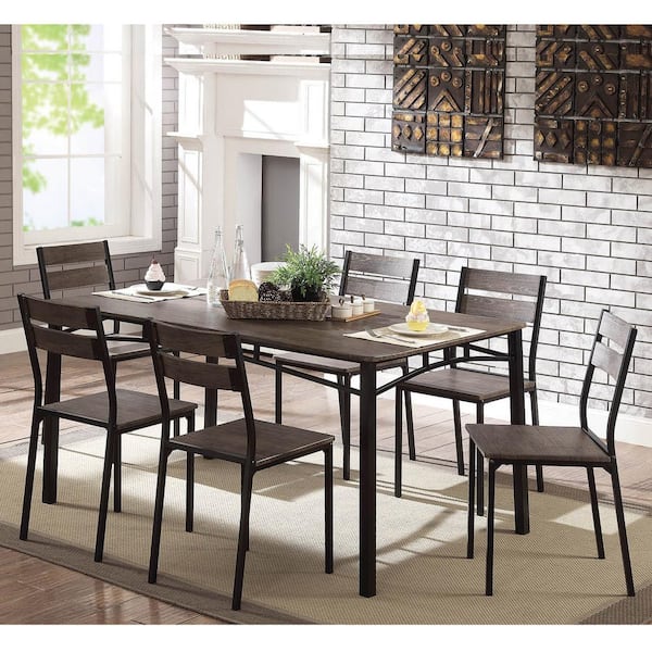 Furniture of America Drammen 7-Piece Antique Brown and Black Wood Top Small Space Dining Set (Seats 6)