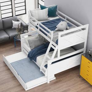 Twin Over Full White Bunk Bed with Trundle, Wood Bunk Bed Twin Over Full with Guardrail and Ladder, Can Be Separated