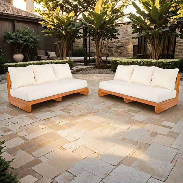 CHRISTOPHER KNIGHT HOME Bevis Modern Teak Finish Solid Wood Outdoor Couch Patio 3 Seater Sofa with Beige Cushions, Deep Seating, Set of 2