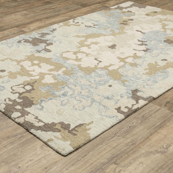 Keenan Beige/Blue 2 ft. x 8 ft. Layered Abstract Wool Mixed-Pile Hand-Tufted Indoor Runner Area Rug