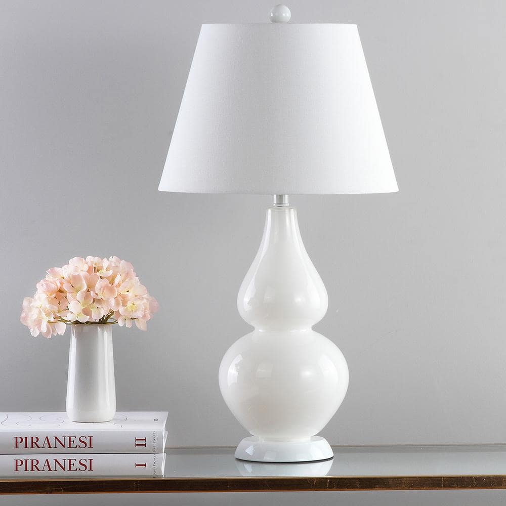 Cybil White Glass Double Gourd Nightstand Lamp Set with Cotton Shade