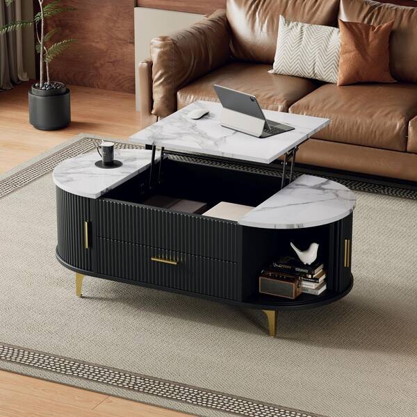 Amos Multi-Functional 47.24 in. Black+White Oval Faux Marble Coffee Table with Lift Top, Sliding Doors, Storage Drawer