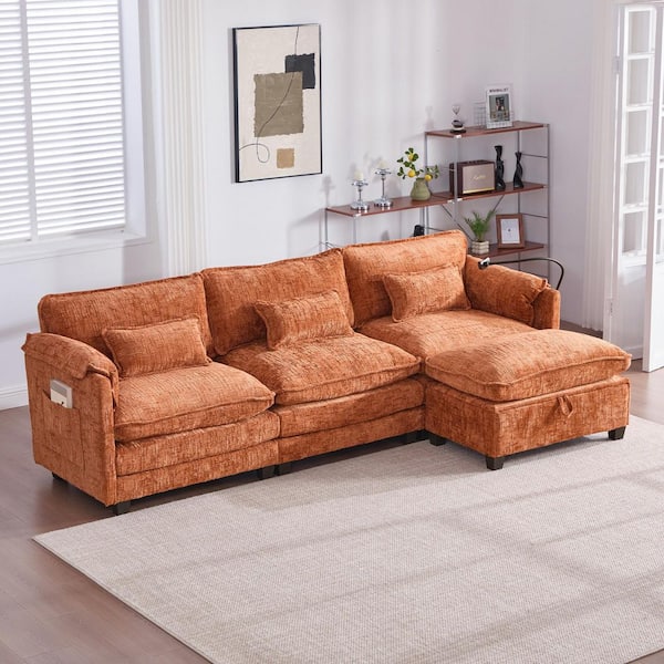 Pure 109.84 in Chenille L Shaped Sectional Sofa in. Orange with Movable Storage Ottoman, Phone Holder, USB Charging