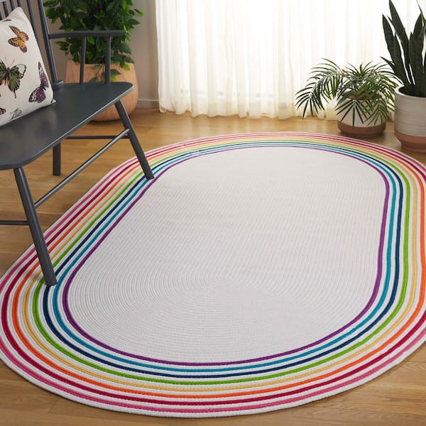 Braided 4 ft. x 6 ft. Ivory/Rainbow Border Striped Solid Oval Area Rug