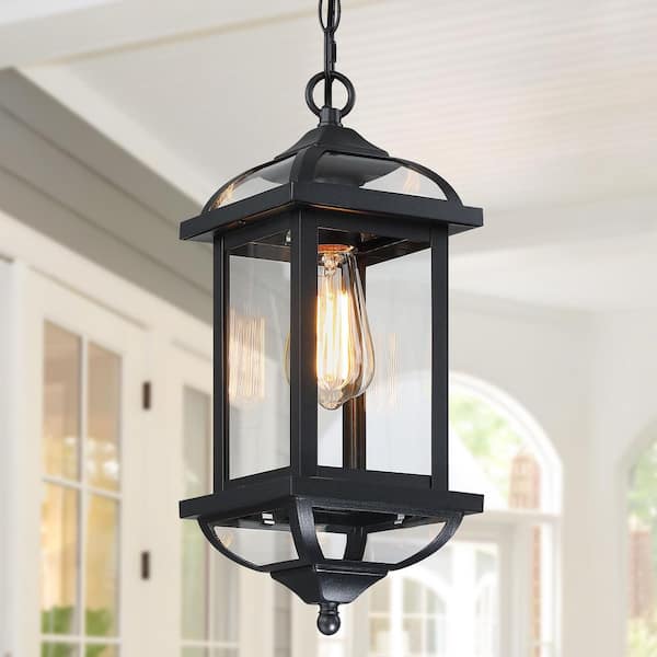 16.14 in. 1-Light Black Outdoor Pendant Light Fixture with Clear Beveled Glass