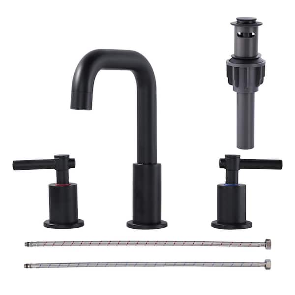 AVITAS Matte Black 8 in. Widespread Double Handle High-Arc Bathroom Faucet with Pop-Up Drain Kit