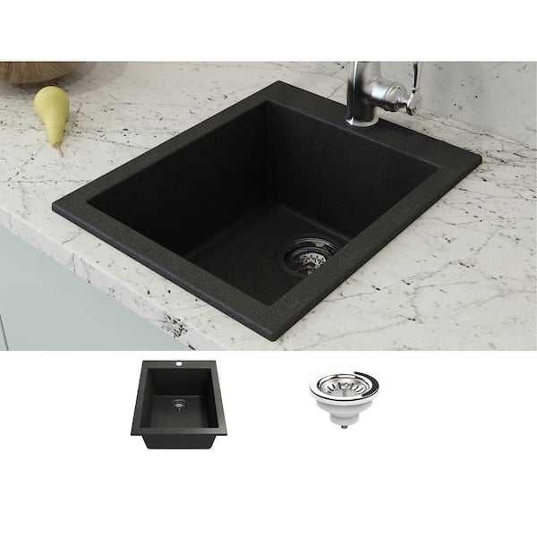 TerraLife Hyperion Granite Composite 16 in. Single Hole Drop-in/Undermount Single Bowl Bar Sink in Metallic Black