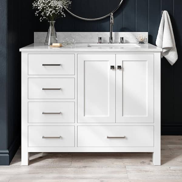 Cambridge 43 in. W x 22 in. D x 35 in. H Vanity in White with Quartz Vanity Top in White with Basin Cambridge 43 in. W x 22 in. D x 35 in. H Vanity in White with Quartz Vanity Top in White with Basin