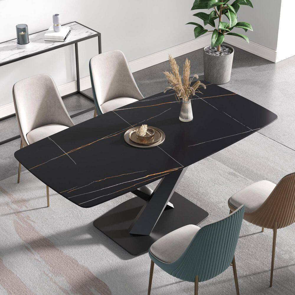 70.87 in. Modern Rectangular Black Sintered Stone Top Cross Legs Black Carbon Steel Legs Dining Table (6 Seats)