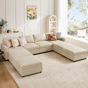 127 in. Rectangle Arm 8-Seat Fabric Storage Convertible Sectional Sofa set in Beige
