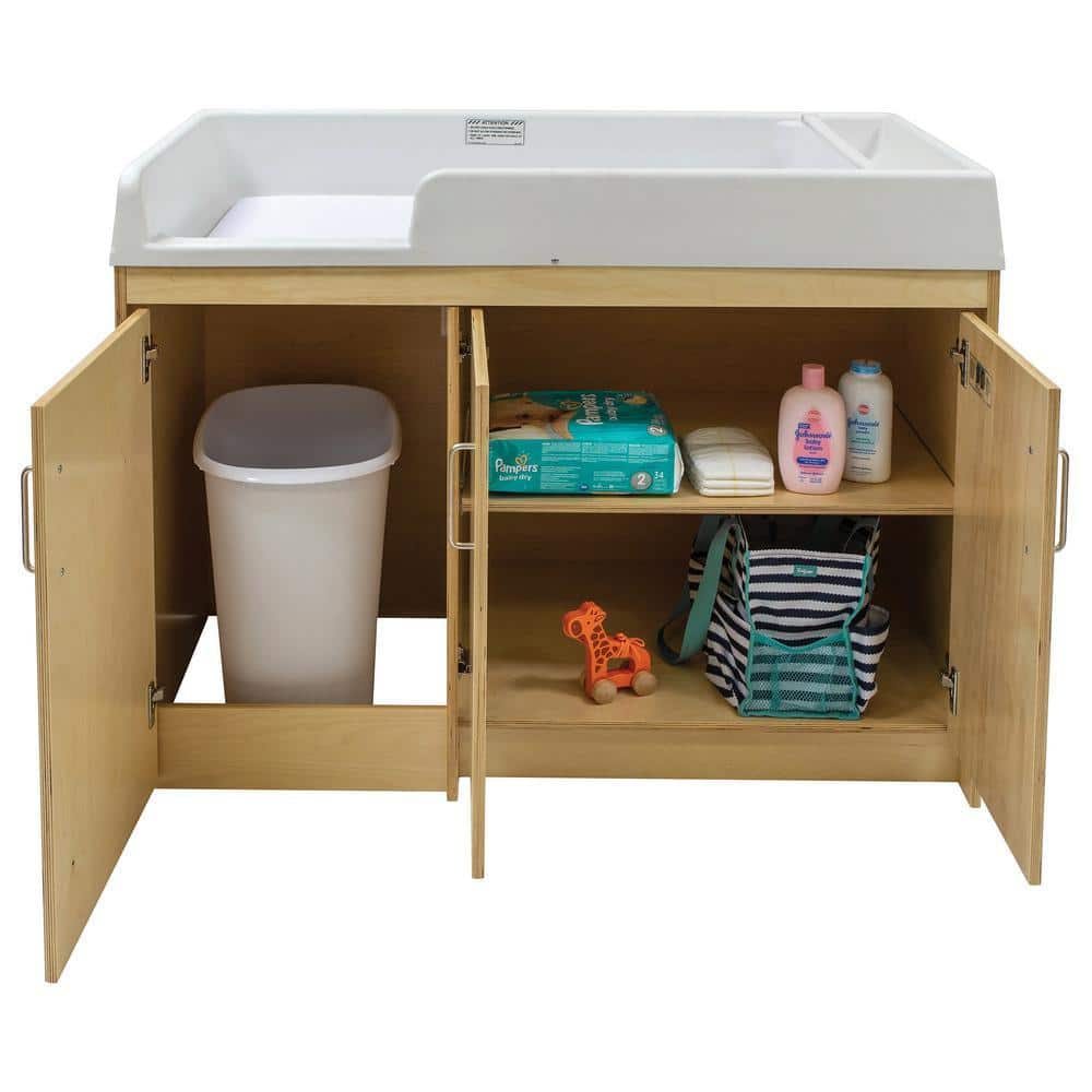 Natural Birch UV Finish Plywood Infant Changing Table, Adjustable Shelf Lockable Trash Compartment 47 in. W x 37.5 in. H