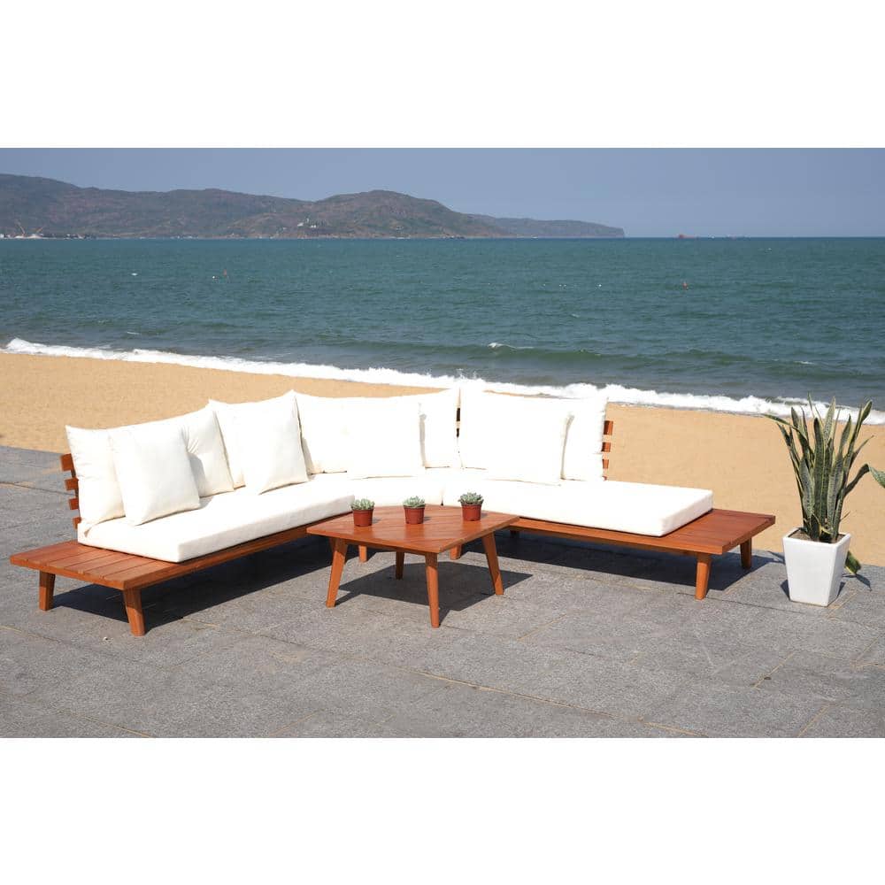 Lansen Natural Acacia Wood 5-Person Outdoor Sectional with Beige Cushions