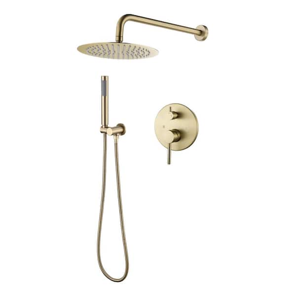 WELLFOR Single-Handle 2-Spray Round Shower Faucet in Brushed Gold Rainfall and Full Rainshower