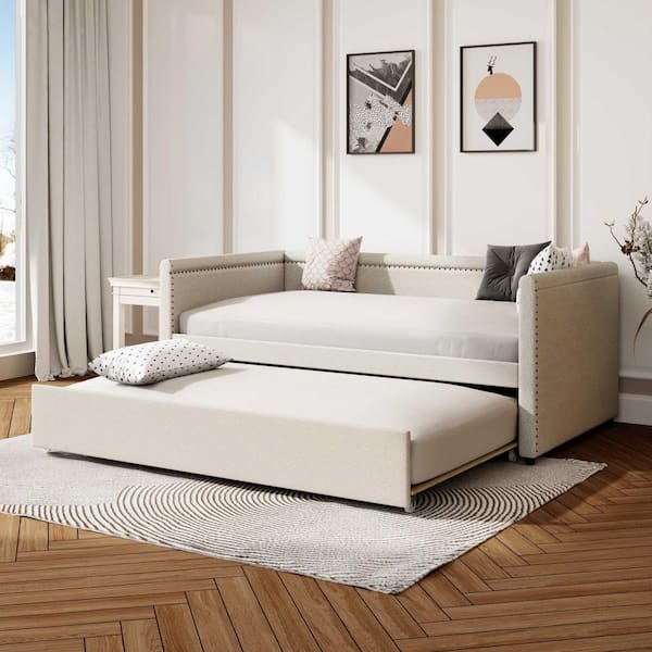 Polibi Beige Twin Size Daybed with Trundle for Guest Room