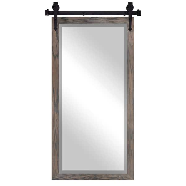 Rayne Mirrors (32 in. W x 66 in. H) Carbon Grey Vertical Oak Hardwood Beveled Mirror with Steel Barndoor Rail